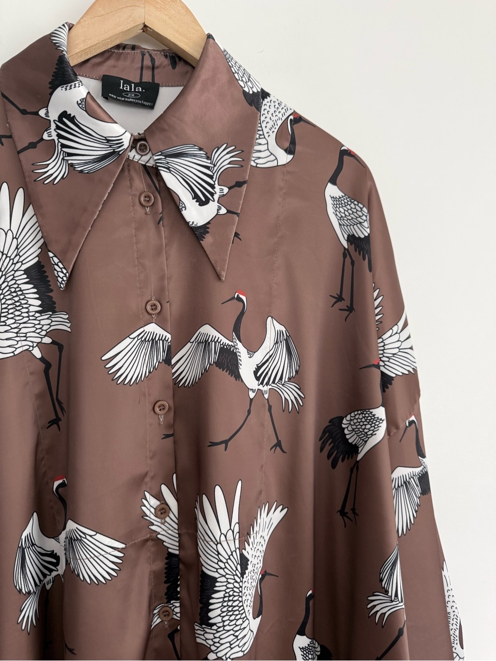 Dressed in Lala Posh Satin Shirt in Eternal Youth Cranes - Picture 8 of 13
